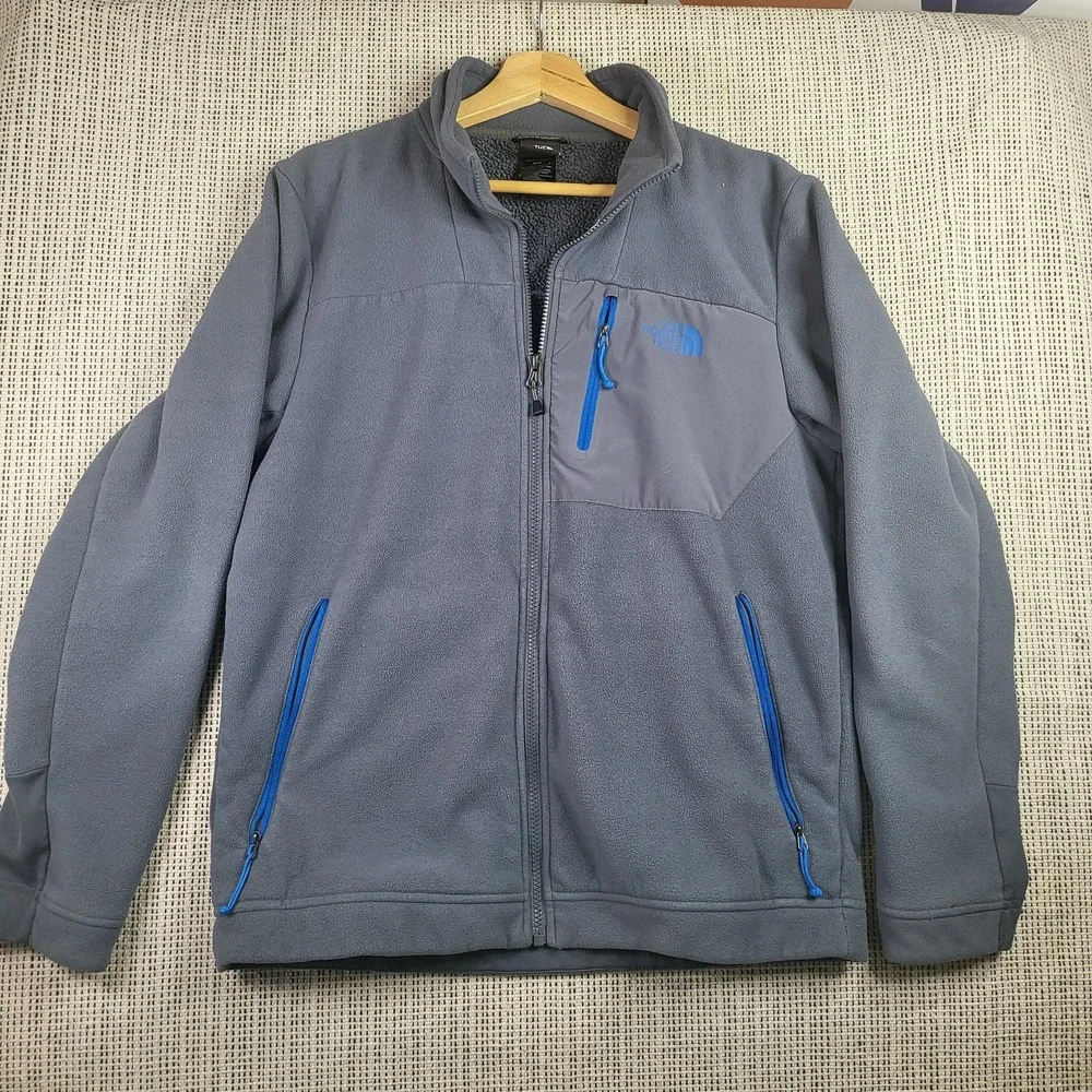 North Face Jacket Mens Medium Gray Fleece Full‎ Zip Outdoor Blue Zipper Pockets